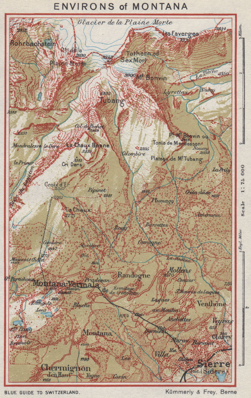 CRANS-MONTANA ENVIRONS. Sierre Aminona Chermignon. Switzerland vintage map 1948